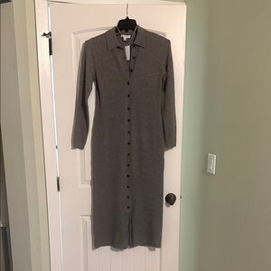 Ann Taylor Charcoal Gray Button-Front Long Sleeve Midi Dress
